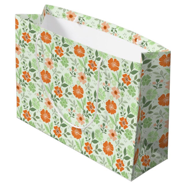 Farbige Blumendrucke - Grüne große Geschenktasche Geschenktüte (Rückseite Schrägansicht)