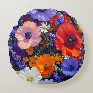 Farbige Blumenfelder Rundes Kissen