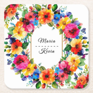 Farbige Blumenkranz Hochzeit Rechteckiger Pappuntersetzer
