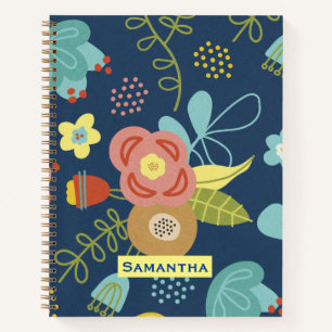 Farbige Blumenmuster Dunkelblau Personalisiert Notizbuch
