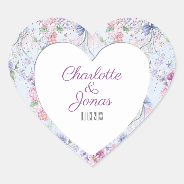 Farbige Blumenrahmen - Save the Date Herz-Aufkleber (Vorderseite)