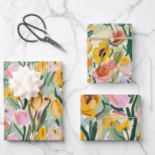 Farbige Blumenspalte und Sonnenblumen Geschenkpapier Set