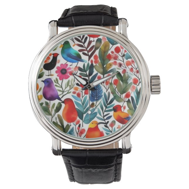 Farbige Blumenvögel Armbanduhr (Vorderseite)
