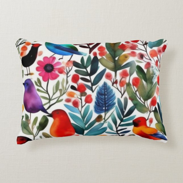 Farbige Blumenvögel Dekokissen (Vorderseite)
