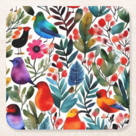 Farbige Blumenvögel Rechteckiger Pappuntersetzer