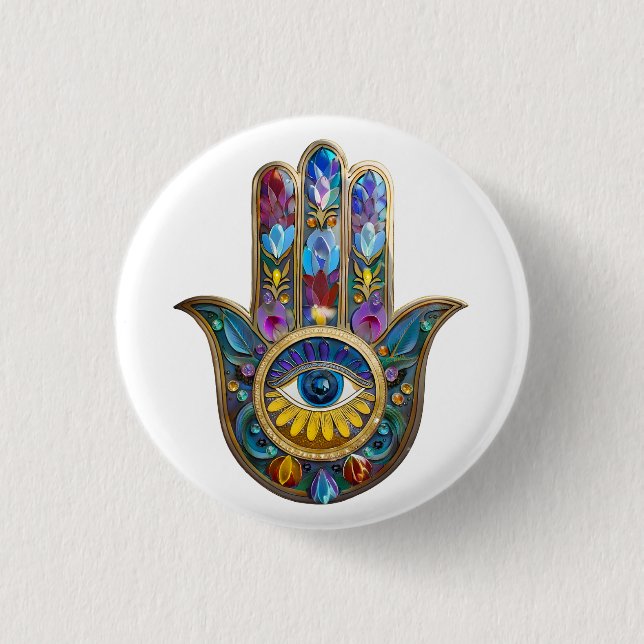 Farbige Blütenblätter Hamsa Saphir Drittes Auge Button (Vorderseite)