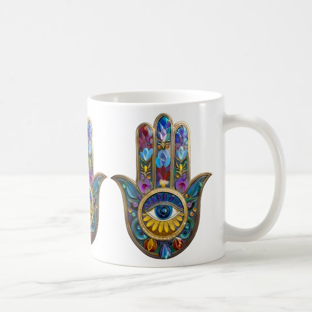 Farbige Blütenblätter Hamsa Saphir Drittes Auge Kaffeetasse (Rechts)