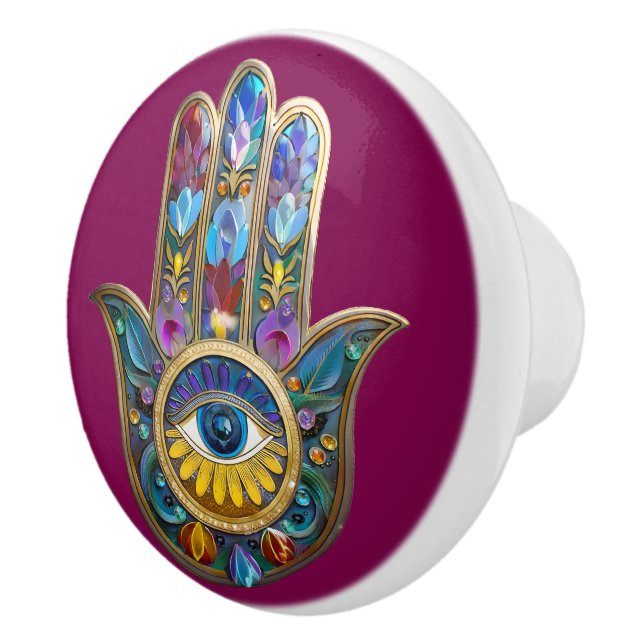 Farbige Blütenblätter Hamsa Saphir Drittes Auge Keramikknauf (Rechts)