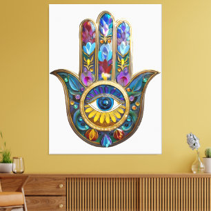 Farbige Blütenblätter Hamsa Saphir Drittes Auge Leinwanddruck
