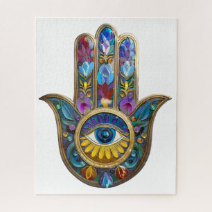 Farbige Blütenblätter Hamsa Saphir Drittes Auge Puzzle