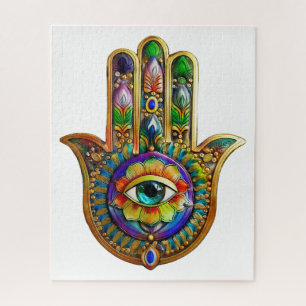 Farbige Blütenblätter Türkis Drittes Auge Hamsa Puzzle