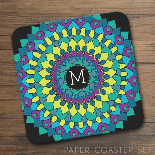 Farbige Bohemische Blume mit benutzerdefiniertem M Rechteckiger Pappuntersetzer (Custom Coaster Set)