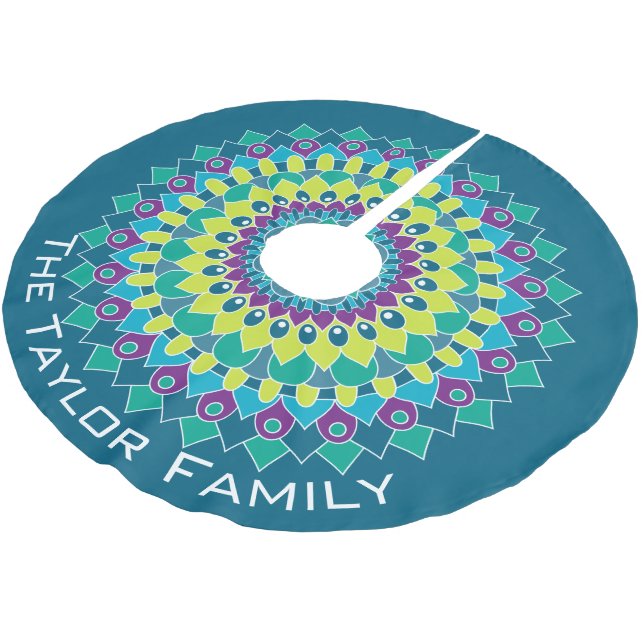 Farbige Bohemische Blume mit Blau und Grün Polyester Weihnachtsbaumdecke (Schrägansicht)