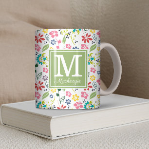 Farbige Bohemische Frühlingsblumen Grünes Monogram Kaffeetasse