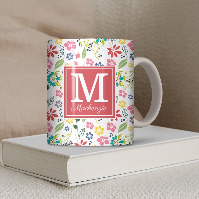 Farbige Bohemische Frühlingsblumen Korallenblumen  Kaffeetasse (Colorful Bohemian Spring Flowers Coral Pink Monogram Coffee Mug)