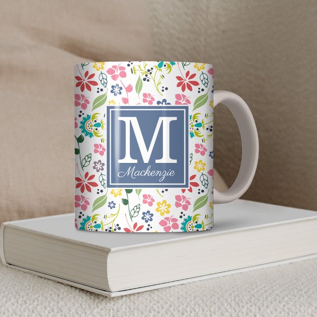 Farbige Bohemische Frühlingsblumen Monogramm Kaffeetasse (Colorful Bohemian Spring Flowers Monogram Coffee Mug)