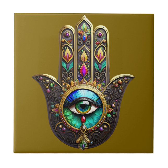 Farbige braune Gold Hamsa Regenbogenfarbe Drittes  Fliese (Vorderseite)