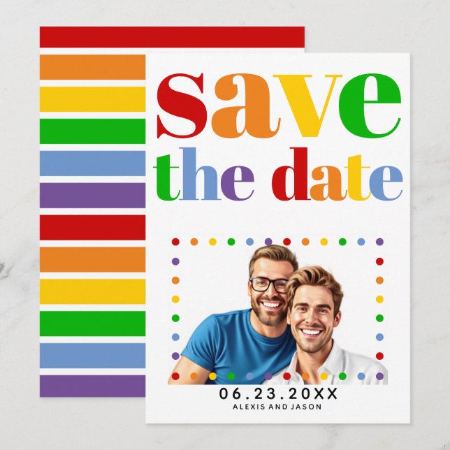 Farbige Buchstaben, Punkte und Streifen, homosexue Save The Date (Vorne/Hinten)