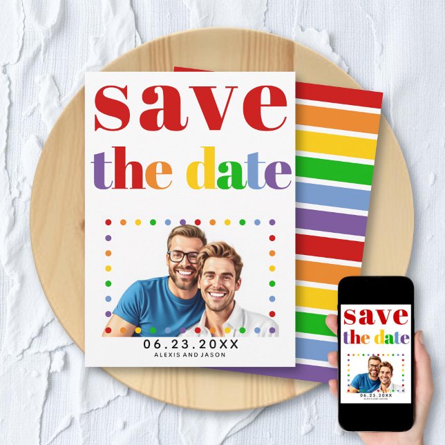Farbige Buchstaben, Punkte und Streifen, rotes Gay Save The Date (Von Creator hochgeladen)