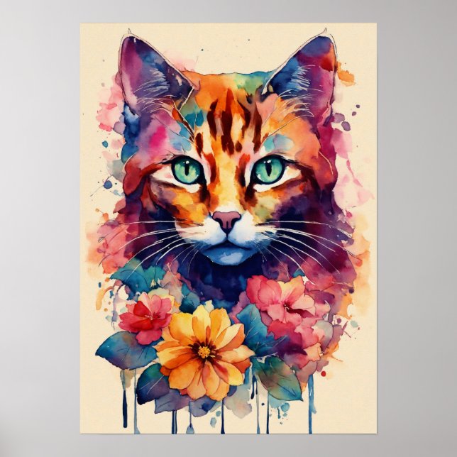 Farbige Cat Silhouette Watercolor Wall Poster (Vorne)