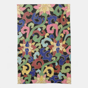 Farbige Chinoiserie Blumenelemente auf Schwarz Geschirrtuch