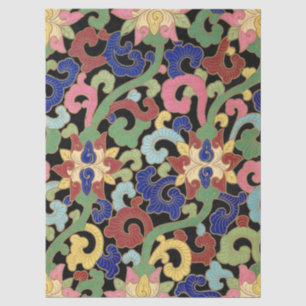 Farbige Chinoiserie Blumenelemente auf Schwarz Seidenpapier