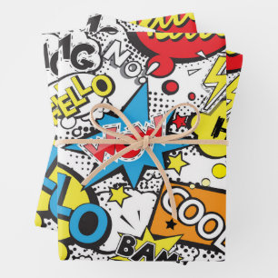 Farbige Comic-Pop-Art-Sprechblasen-Muster Geschenkpapier Set