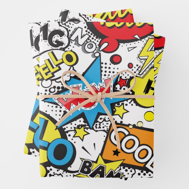Farbige Comic-Pop-Art-Sprechblasen-Muster Geschenkpapier Set (Beispiel)