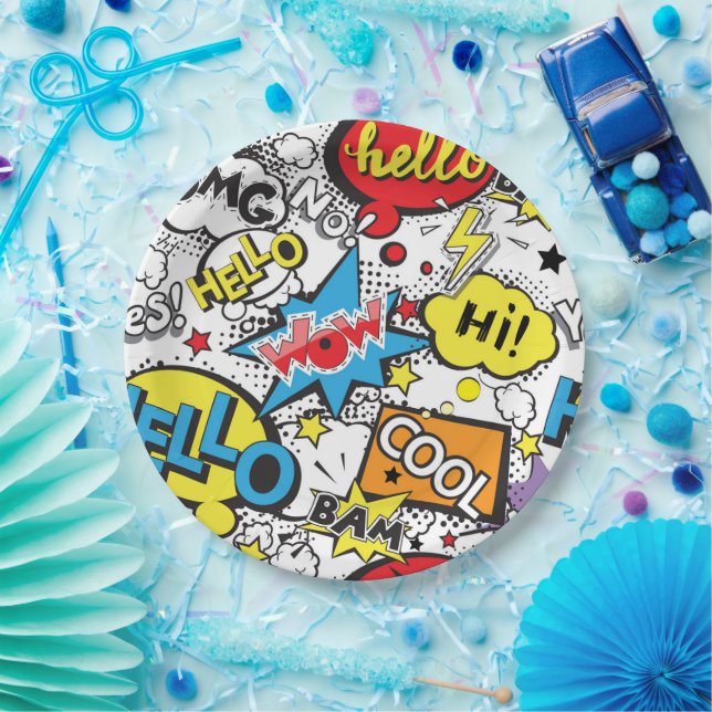 Farbige Comic-Pop-Art-Sprechblasen-Muster Pappteller (Party)