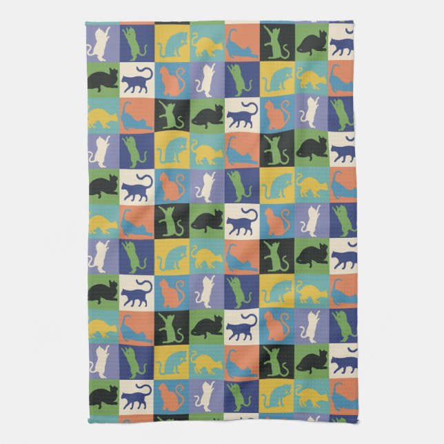 Farbige Coole Cat-Silhouetten auf Quiltplätzen Küchentuch (Vertikal)