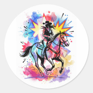 Farbige Cowgirl Pferd Wasserfarbe Pop Art Runder Aufkleber