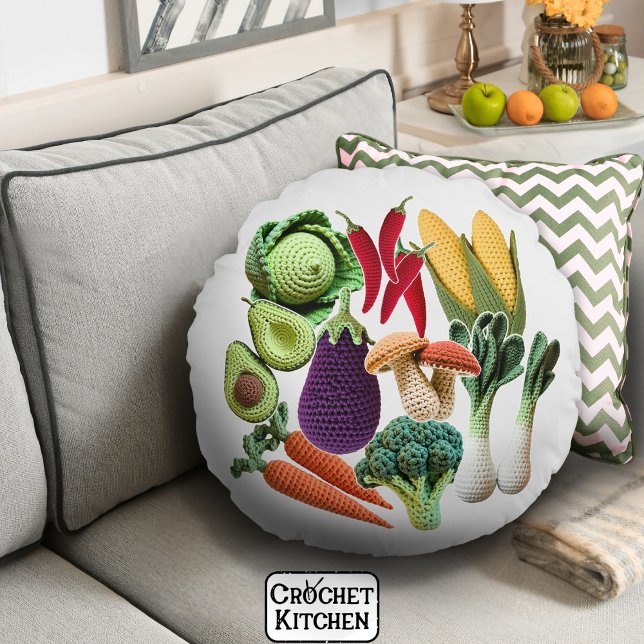 Farbige Crochet-Gemüsemushroom-Zubereitung Rundes Kissen (Von Creator hochgeladen)