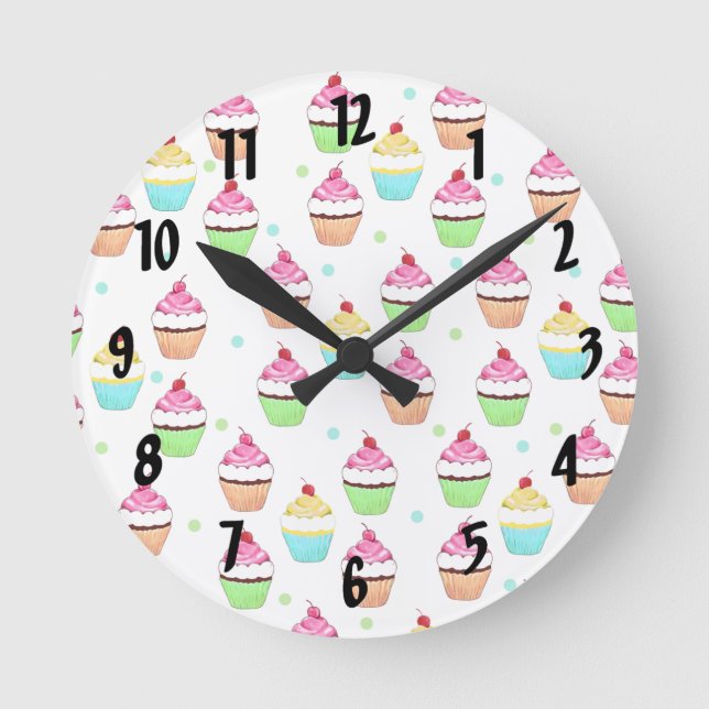 Farbige Cupcakes Wall Clock Runde Wanduhr (Vorderseite)