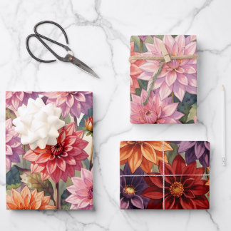 Farbige Dahlien-Blumen-Frühlings-Botanik Geschenkpapier Set
