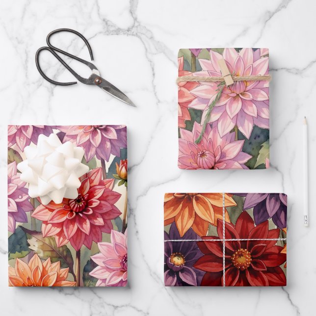 Farbige Dahlien-Blumen-Frühlings-Botanik Geschenkpapier Set (Vorderseite)