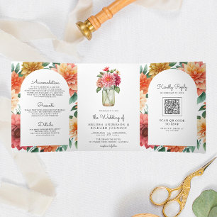 Farbige Dahlien-Blumen-Mason-Glas-QR-Code-Hochzeit Dreifach Gefaltete Einladung