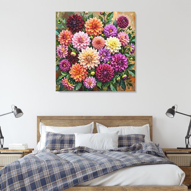 Farbige Dahlienblumen Leinwanddruck (Insitu (Schlafzimmer))