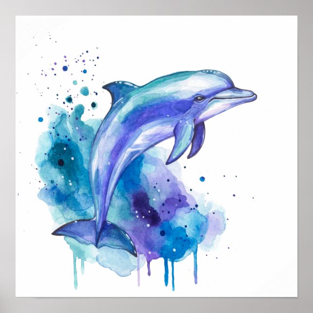 Farbige Delfin-Wasserfarben-Kunst Poster (Vorne)