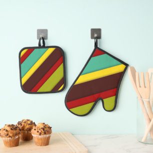 Farbige Diagonalstreifen Ofenhandschuh & Topflappen-Set