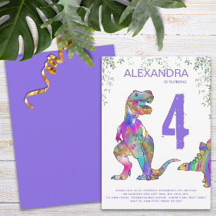 Farbige Dinosaurier Mädchen 4. Geburtstagsfeier Einladung