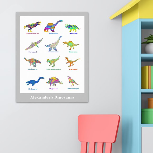 Farbige Dinosaurier mit Namen Educational Poster (Colorful Dinosaurs with names educational custom poster with gray boarder)
