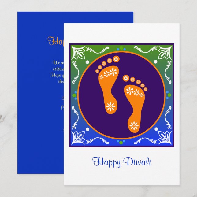 Farbige Diwali Rangoli mit Footprint Einladung (Vorne/Hinten)