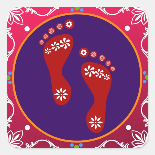 Farbige Diwali Rangoli mit Footprint Quadratischer Aufkleber (Vorderseite)