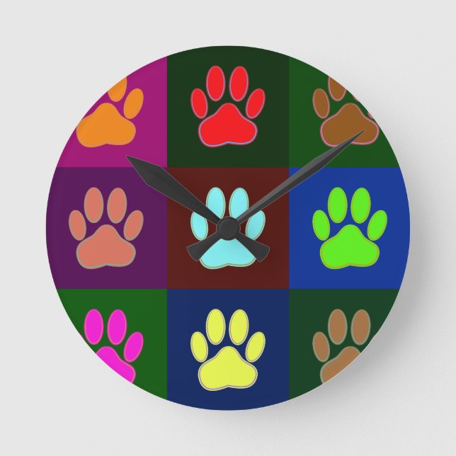 Farbige Dog Paw Print Patches Runde Wanduhr (Vorderseite)