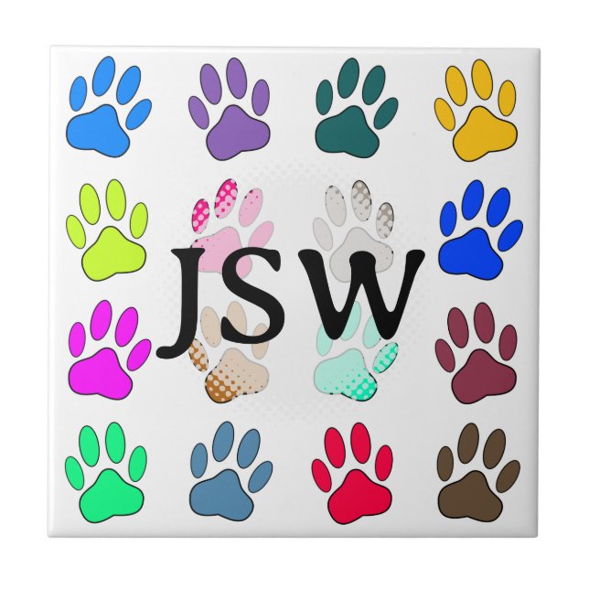 Farbige Dog Paw Print Pattern Square Initialen Fliese (Vorderseite)