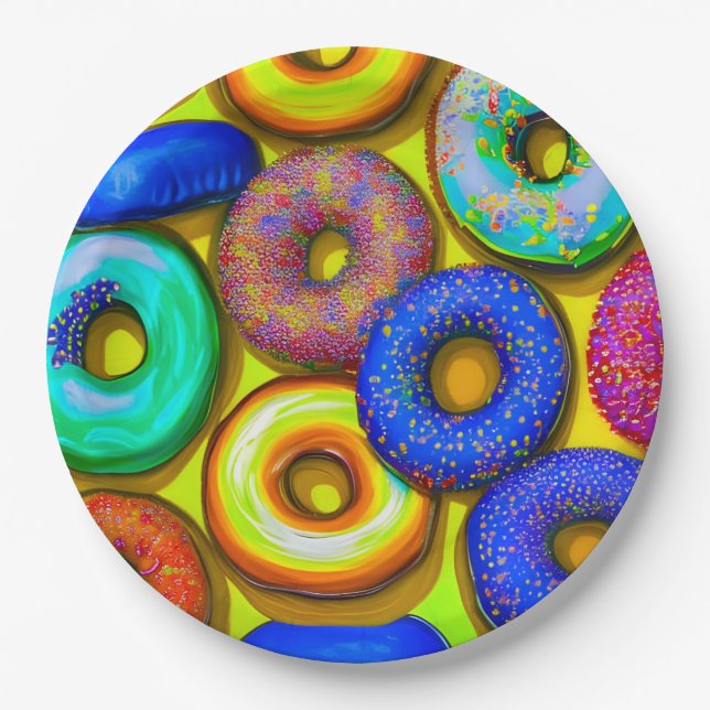 Farbige Donuts gelb Pappteller (Vorderseite)