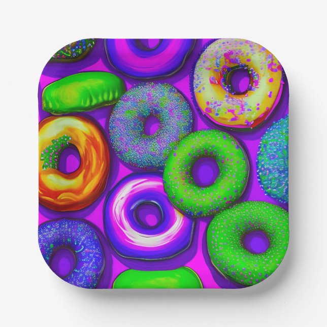 Farbige Donuts Lila Pappteller (Vorderseite)