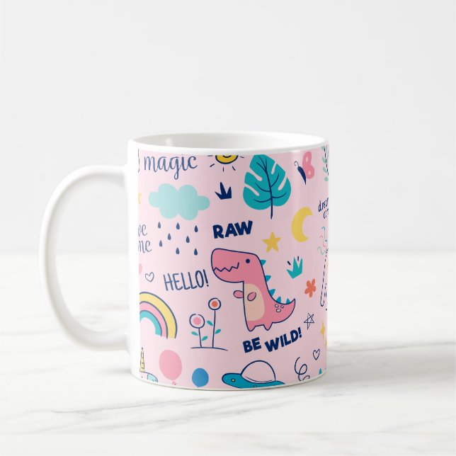 Farbige Doodtiere und Wortmuster Kaffeetasse (Links)