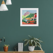 Farbige Dorfansicht am Hang als Kunstdruck