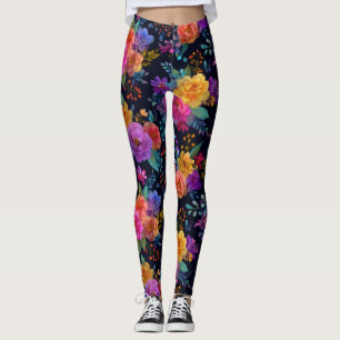 Farbige elegante Blumen auf schwarzem stilvollen f Leggings